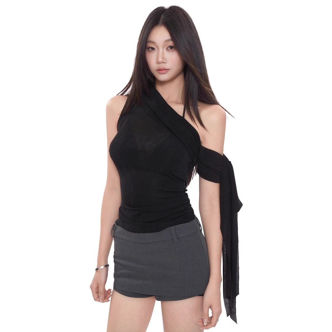 WITHMIN 吊带背心女夏新款显瘦修身无袖上衣女设计感小众t恤女装