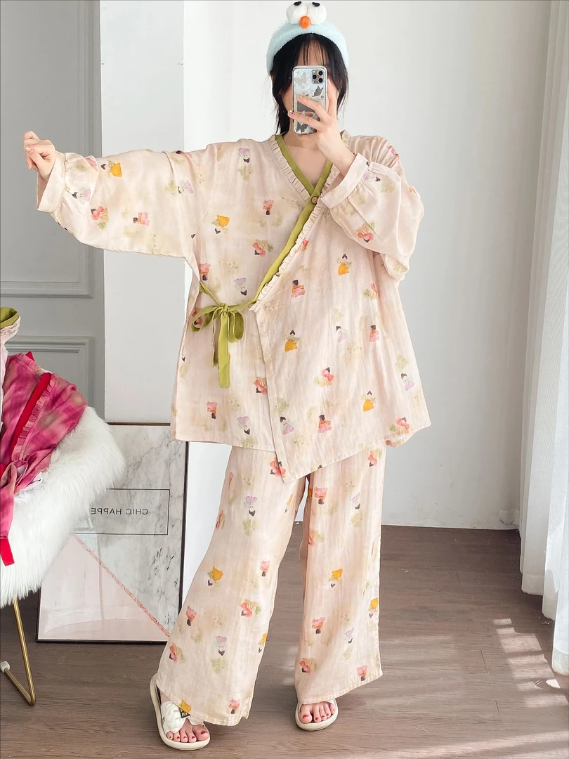 纯棉加大码双层纱汉服睡衣开衫宽松孕产妇胖MM长袖长裤哺乳家居服