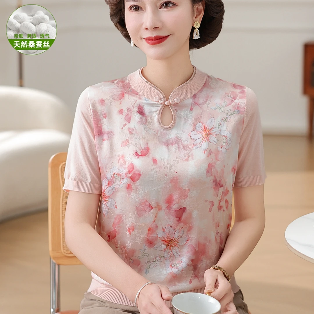 母亲节妈妈装夏装短袖真丝小衫洋气中老年女国风桑蚕丝宽松上衣