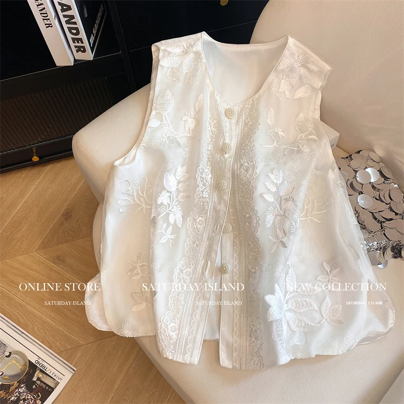 2025夏季新款白色设计感气质刺绣国风提花马甲背心女高端叠穿衬衫