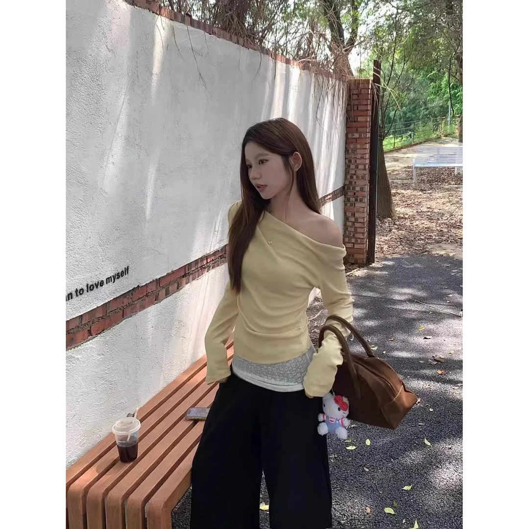 韩系纯欲蕾丝拼接内搭长袖T恤女2025春季新款辣妹斜肩打底衫上衣