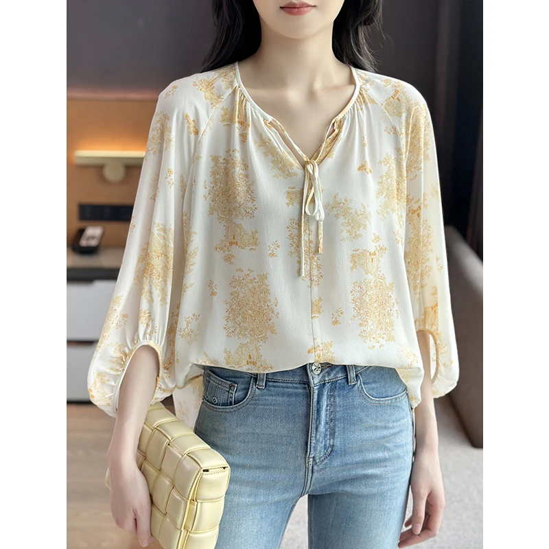 左左家 A*M元厂料~黄色印花V领系带宽松泡泡袖真丝衬衫桑蚕丝上衣