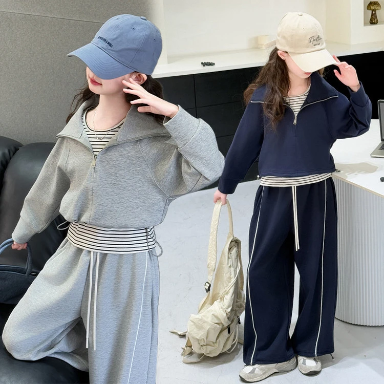 B休闲运动套装女童2025春秋新款韩系减龄翻领卫衣阔腿裤三件套