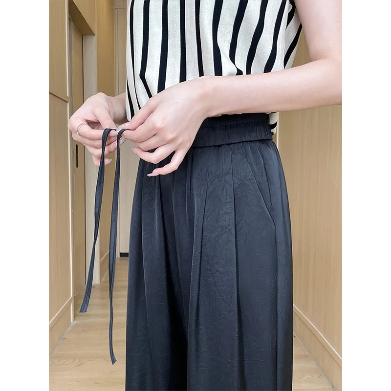 休闲高腰阔腿裤针织夏季口袋女装休闲裤显瘦设计师休闲风褶皱