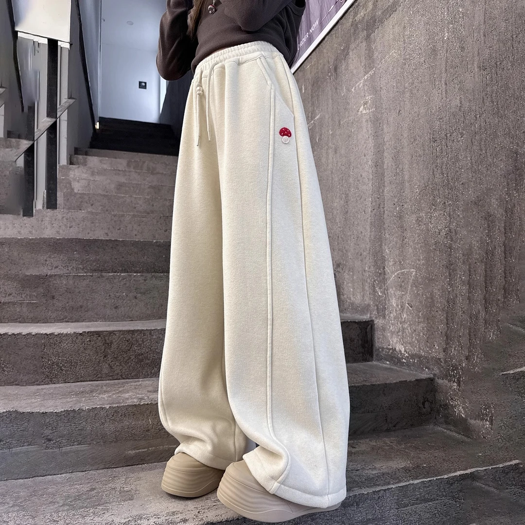 女童加绒裤子秋冬装2025新款超好看加厚糯米裤儿童冬季直筒阔腿裤