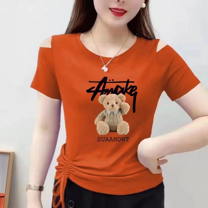 夏季新款圆领短袖t恤女装时髦显瘦绑带体恤打底衫洋气上女款衣服