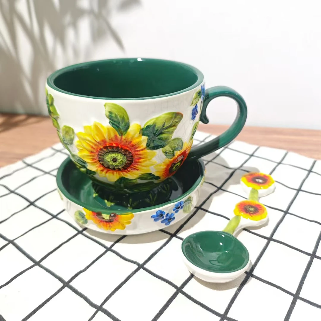 陶瓷向阳花开早餐杯三件套装水杯带盖带勺