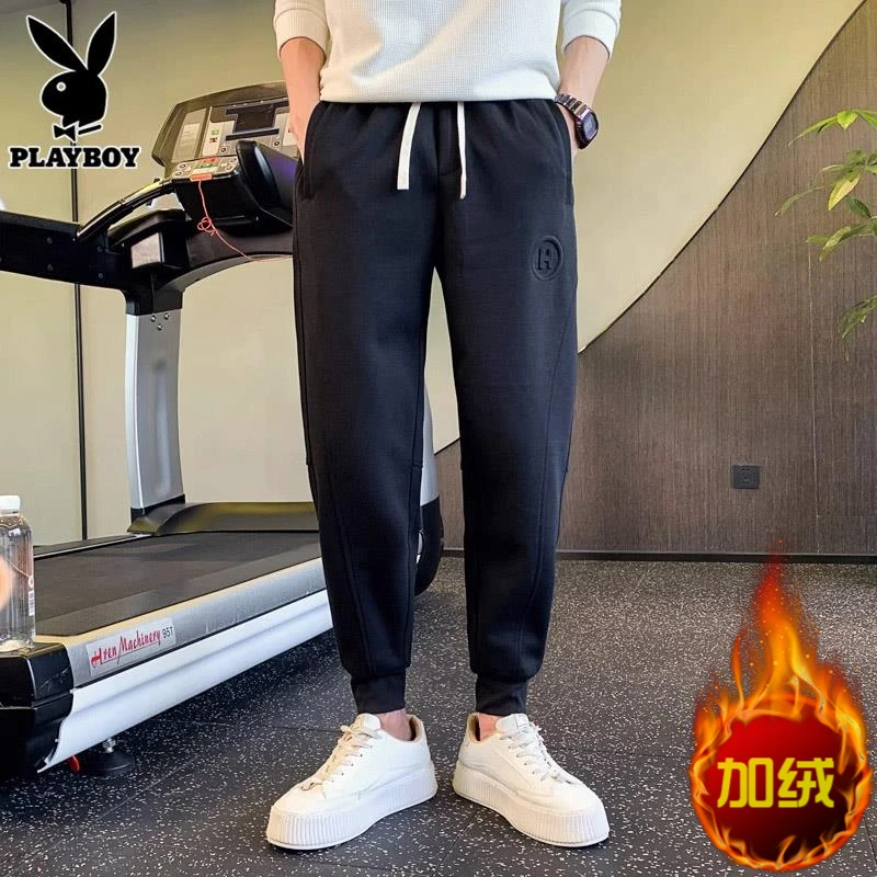 花花公子束脚休闲裤男士宽松运动卫裤冬季款加绒潮流松紧腰长裤子