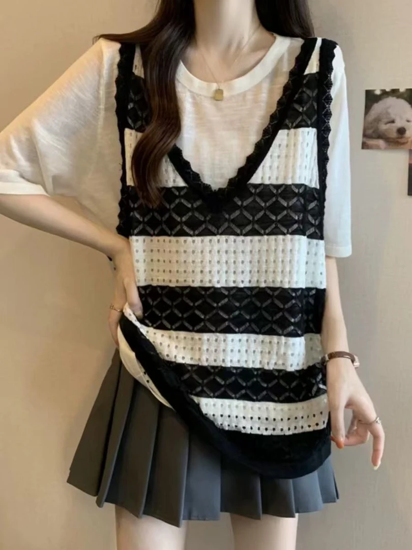 假两件/春夏透气薄款洋气花边镂空假两件短袖050207