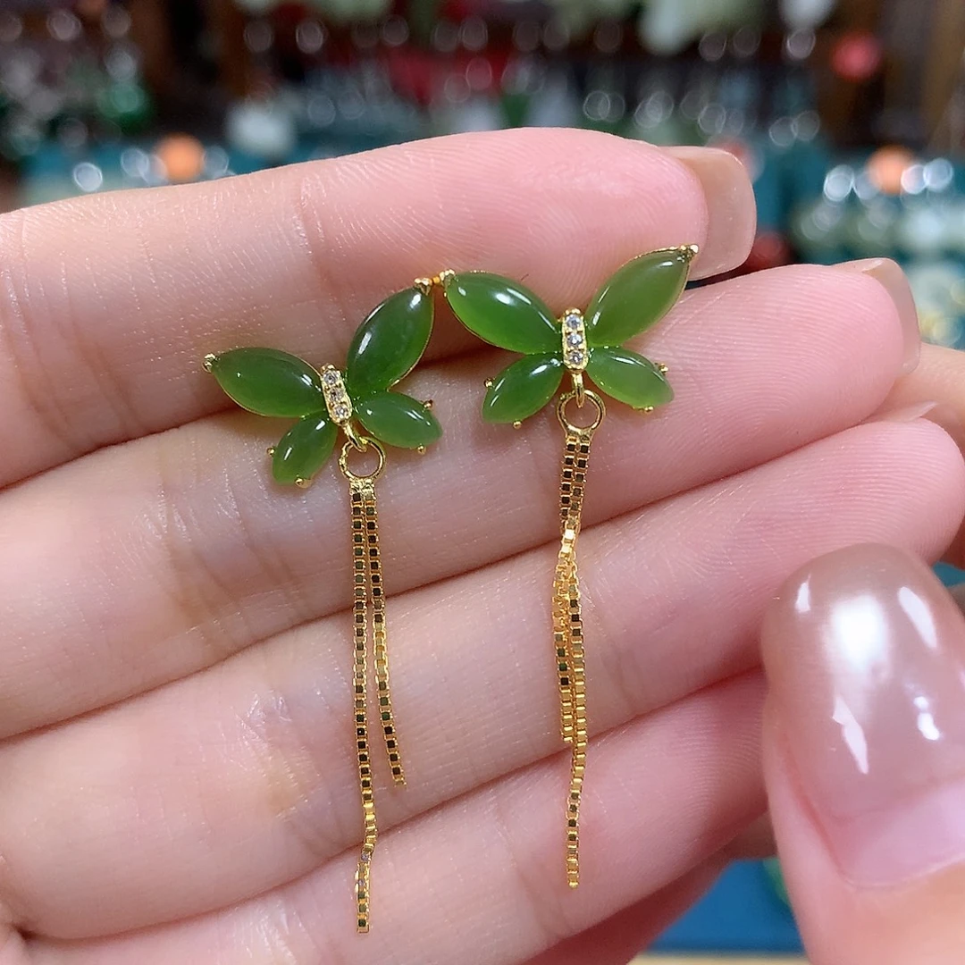 和田玉（碧玉）银S925镶嵌耳饰蝴蝶