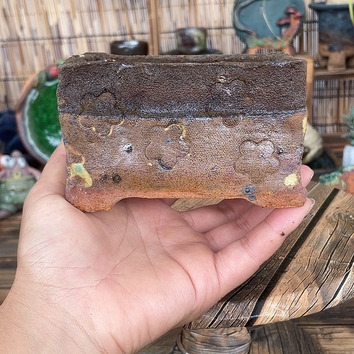 手工粗陶高温釉下彩花盆