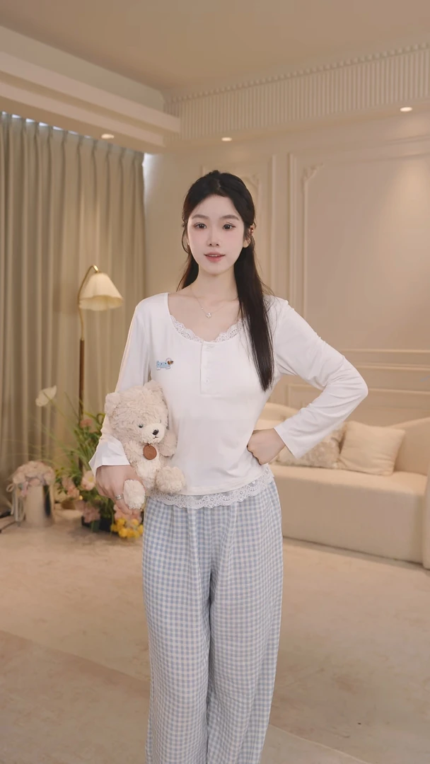 【奶糖布蕾】睡衣女春秋季纯欲可外穿带胸垫长袖小清新家居服套装