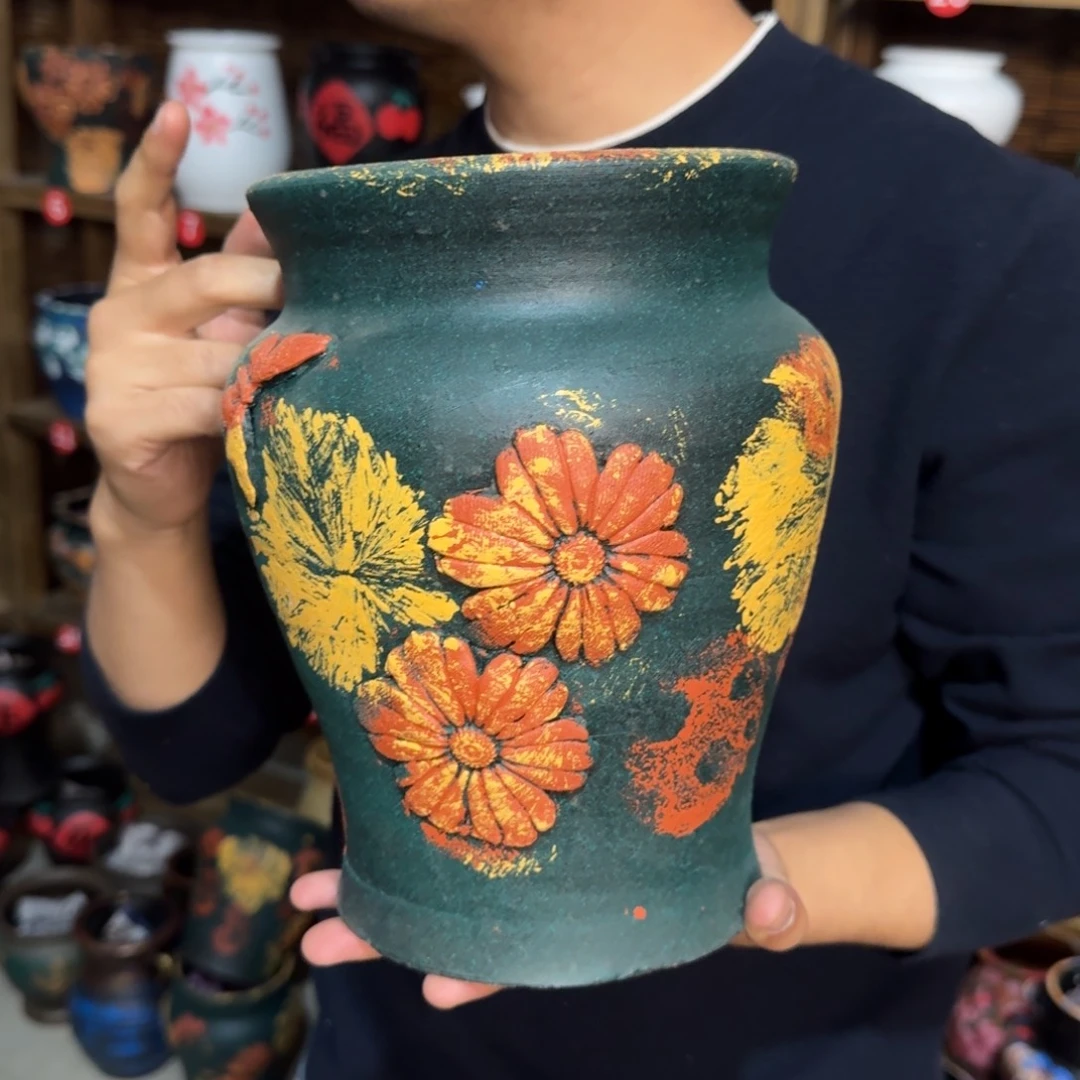 红陶浮雕花盆炸炸炸