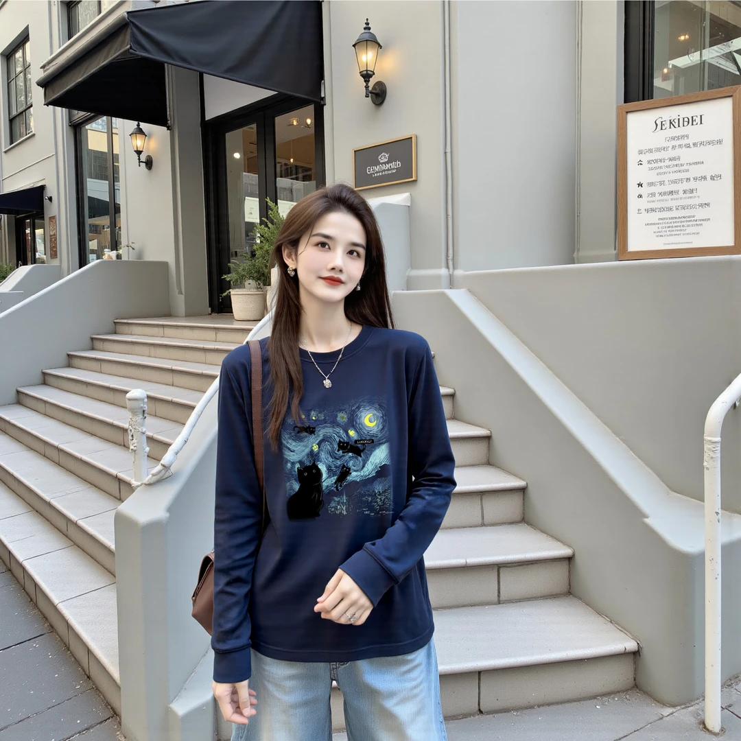 李西西【梵高的猫】正肩卫衣绒衫打底单穿卫衣宽松长袖时尚设计款