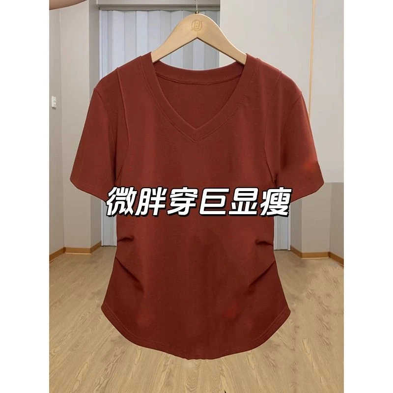 大码胖mm200斤简约韩系V领正肩短袖t恤女夏季休闲百搭遮肉ins上衣