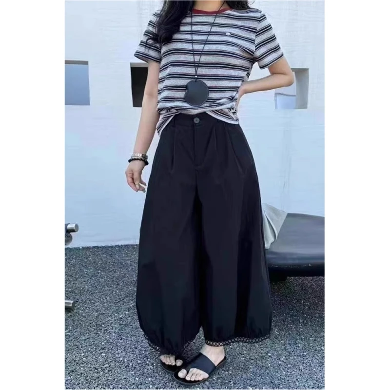 夏季新款镂空拼接宽松阔腿裤女欧货气质高腰显瘦休闲灯笼九分裤