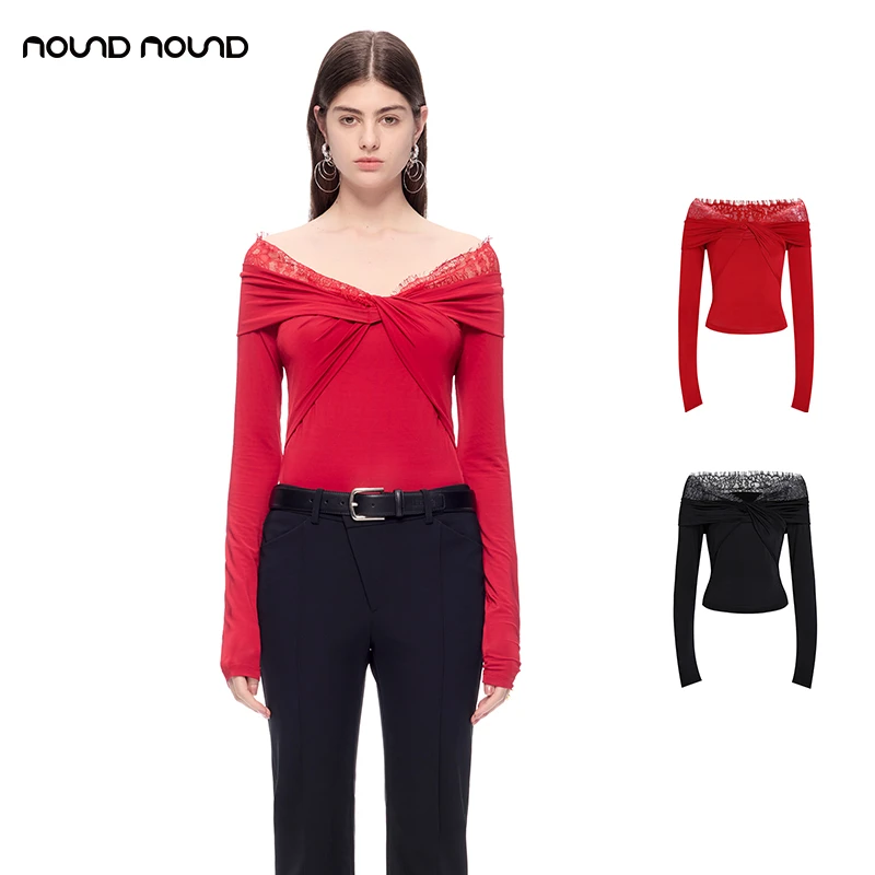 【CNLEEWEI】noundnound一字领扭结拼蕾丝针织长袖上衣女25春夏新款