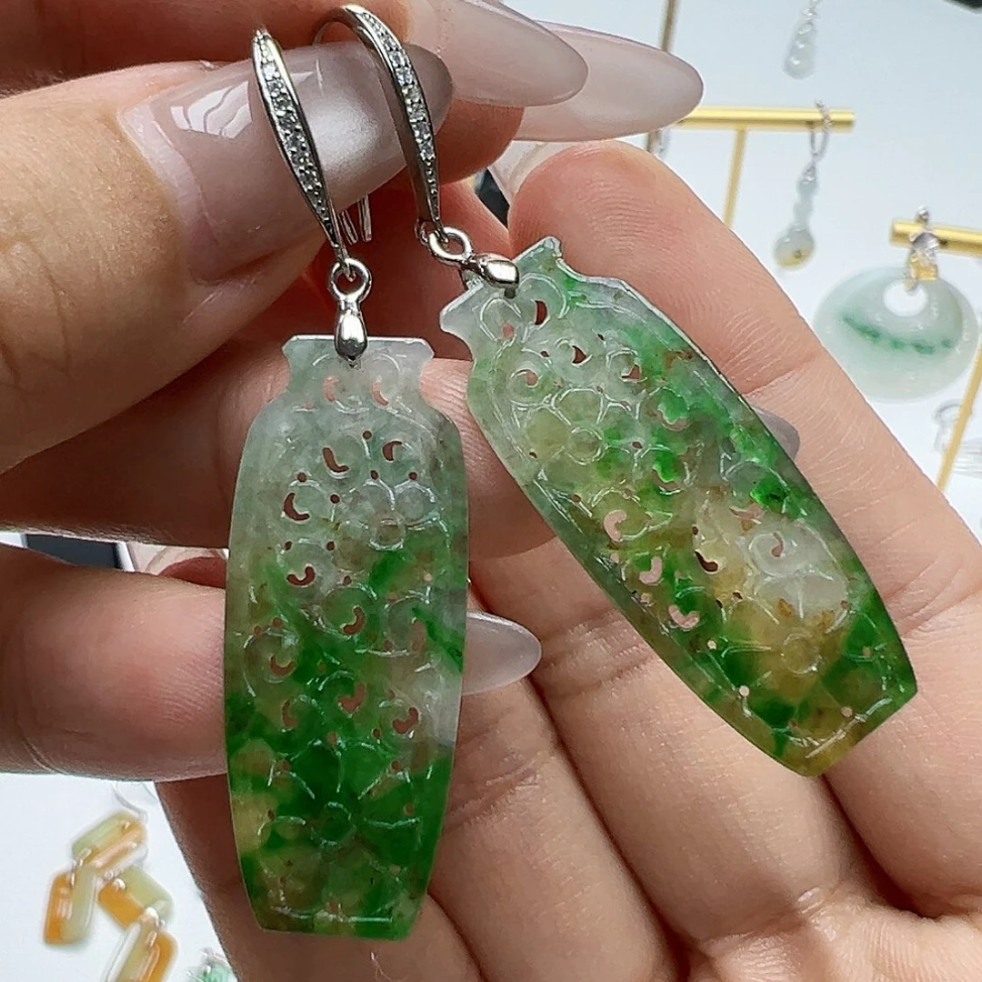 银S925镶嵌翡翠耳饰7天然缅甸A货翡翠