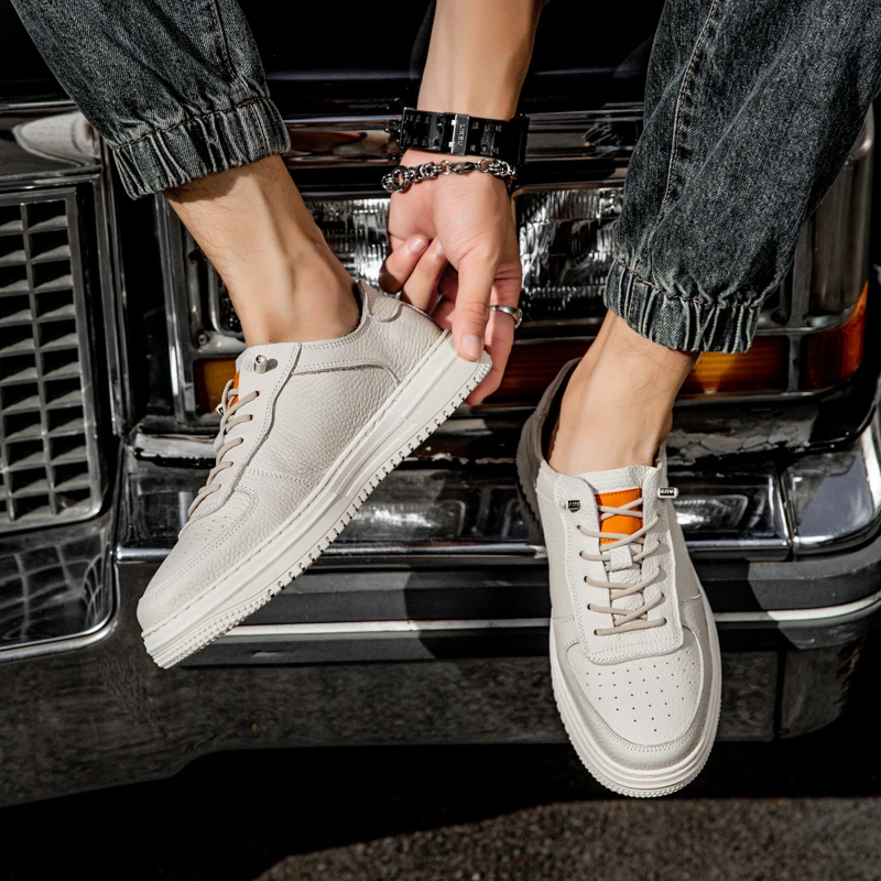 新款男鞋头层牛皮男士鞋空军板鞋透气吸汗软底休闲鞋黑白熊猫鞋