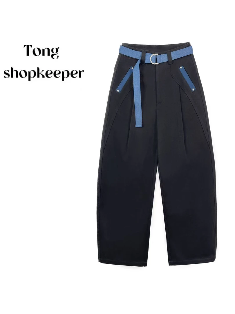 QJ/彤掌柜1682892 冬季25加绒保暖微褶打揽工装风腰带撞色休闲裤