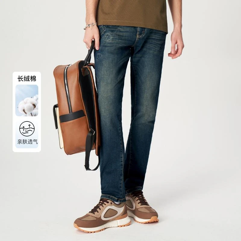 MANGANO时尚老花LOGO加绒冬季百搭水洗直筒裤男式牛仔裤  7242305