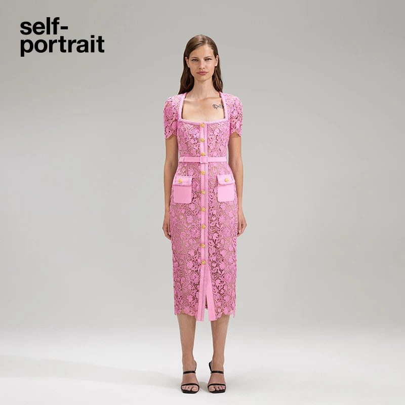 self-portrait 手工定制夏季深粉色方领蕾丝直筒一步裙