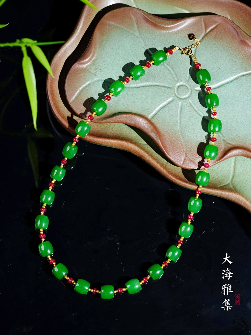 【漱玉】碧玉鼓珠和田玉红宝公主妈妈链 D4763（18）