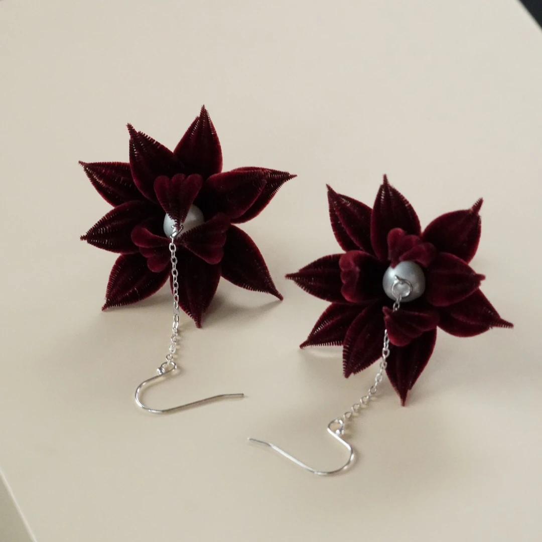 深红色莲花耳环细绒 非遗绒花古风旗袍新中式耳饰花朵国风复古