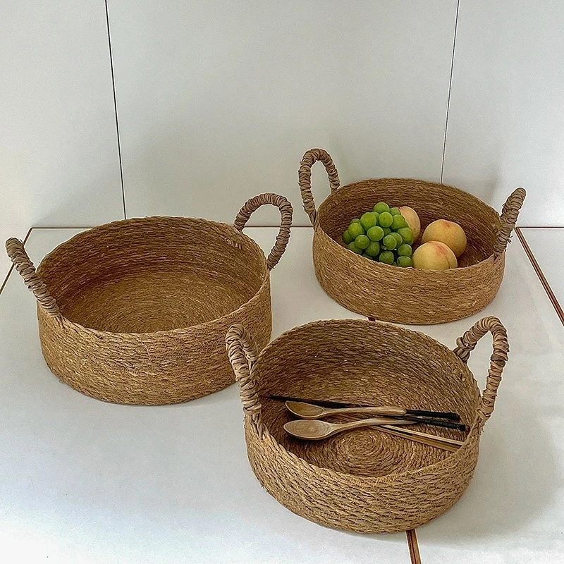 宜然家进口海草蒲草编织收纳篮家用双耳手提编织篮居家装饰摆件