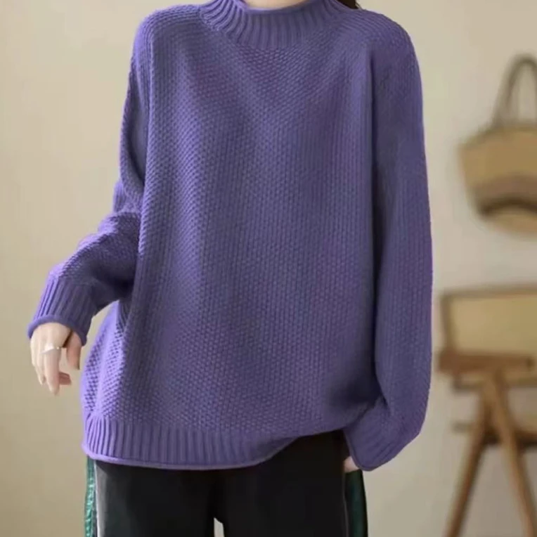 冬款大码纯色长袖棉线针织衫慵懒风半高领 女