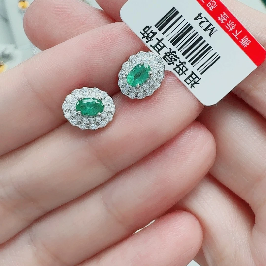 耳饰银S925镶嵌祖母绿耳钉