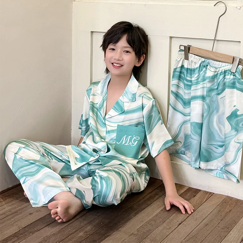 儿童睡衣夏季冰丝薄款家居服三件套装8-15中大童夏天短袖空调服薄