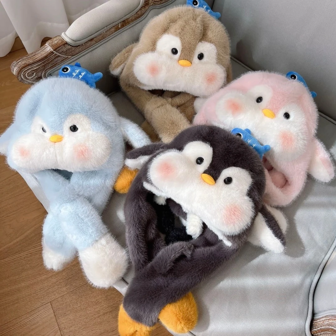 儿童可爱企鹅毛绒帽子围巾一体男女宝宝冬季保暖加绒加厚护耳TTT