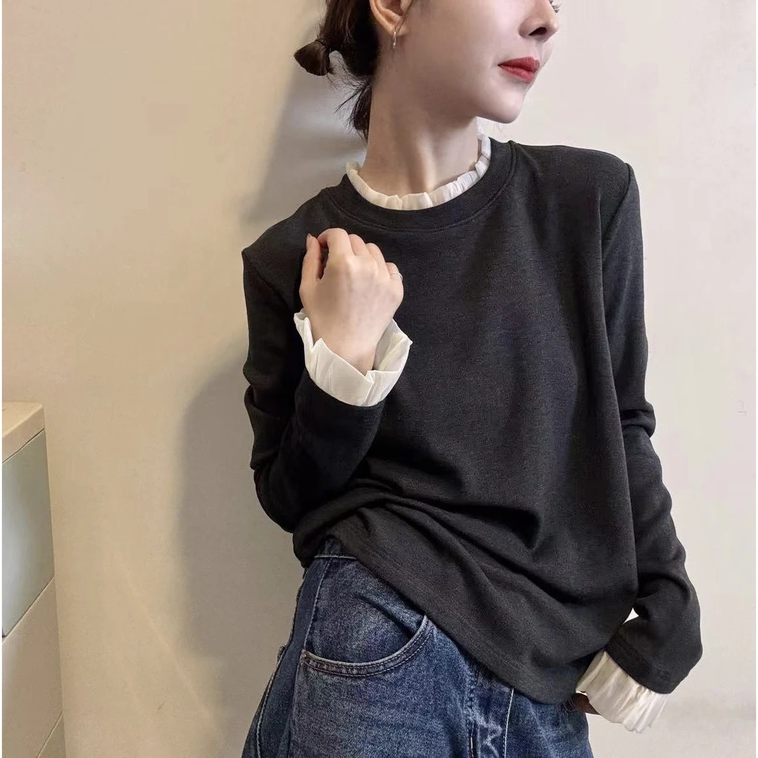 大码女士韩式高级感修身长袖拼接蕾丝圆领加绒德绒内搭外穿常规衣