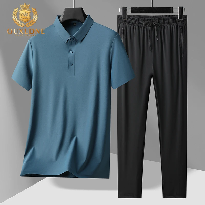 OUXLDNE夏季冰丝套装男士无痕t恤短袖POLO衫长裤两件套休闲爸爸装