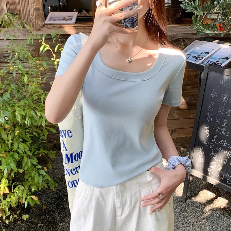蓝色正肩u领短袖t恤女夏季2025新款韩版修身显瘦百搭内搭白色上衣