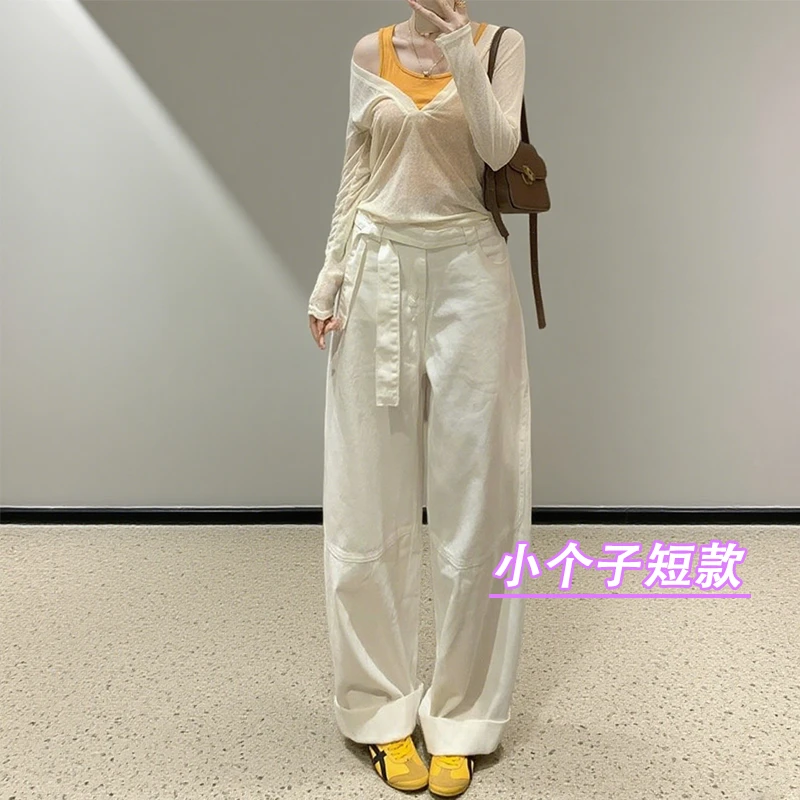 小个子牛仔飘带设计高腰休闲牛仔裤宽松显瘦夏季小个子裤子辣妹