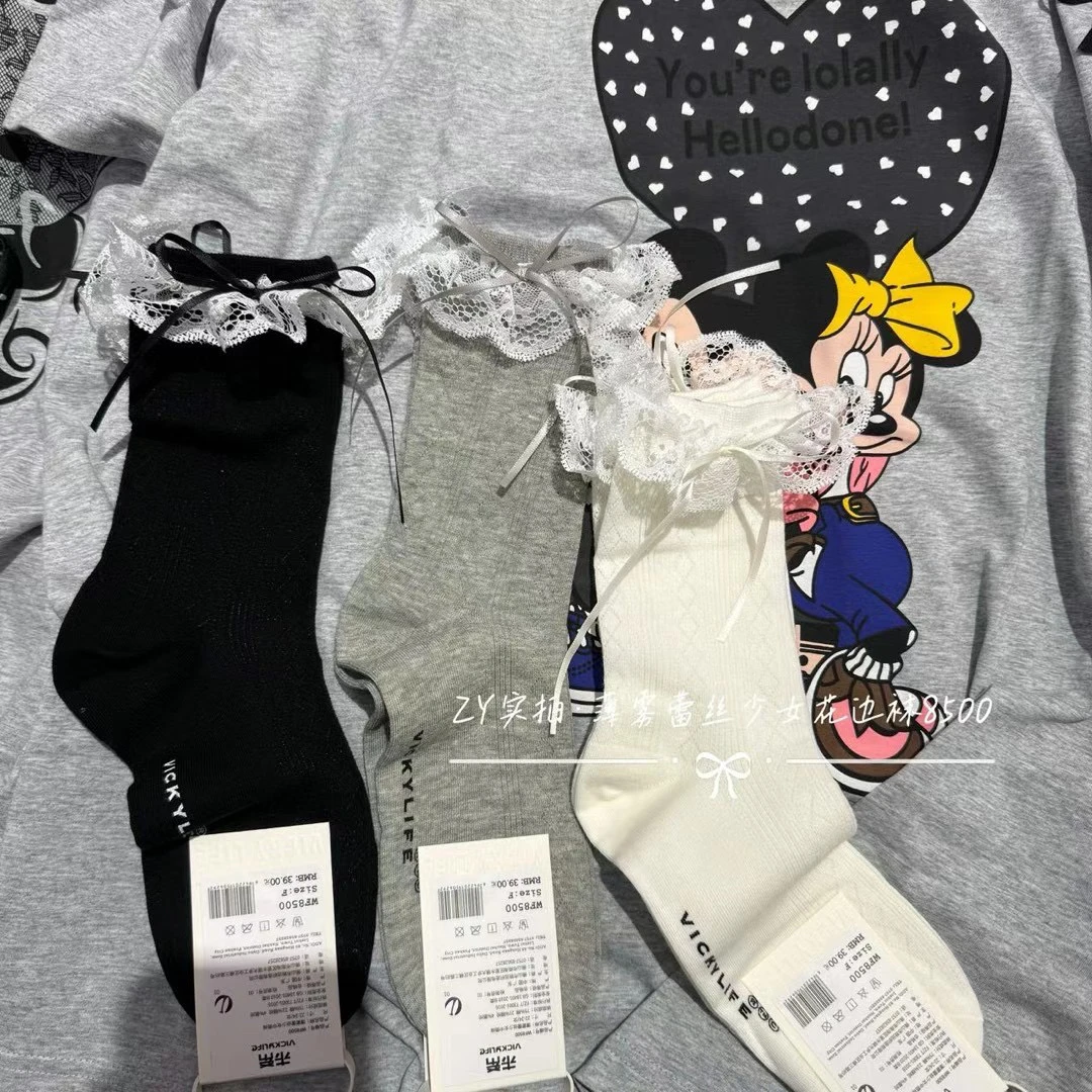 可爱蕾丝花边蝴蝶结中筒袜少女甜美风春夏季薄款