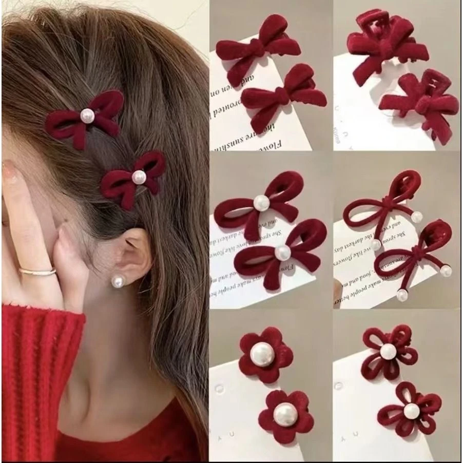 2025新年红蝴蝶结边夹女侧边碎发发卡可爱小号发夹前额夹子头饰夹