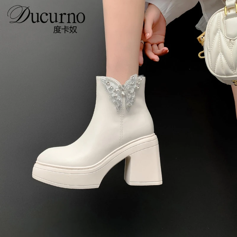 10cm超高跟粗跟增高短靴女2025新款真皮水钻蝴蝶结辣妹厚底马丁靴