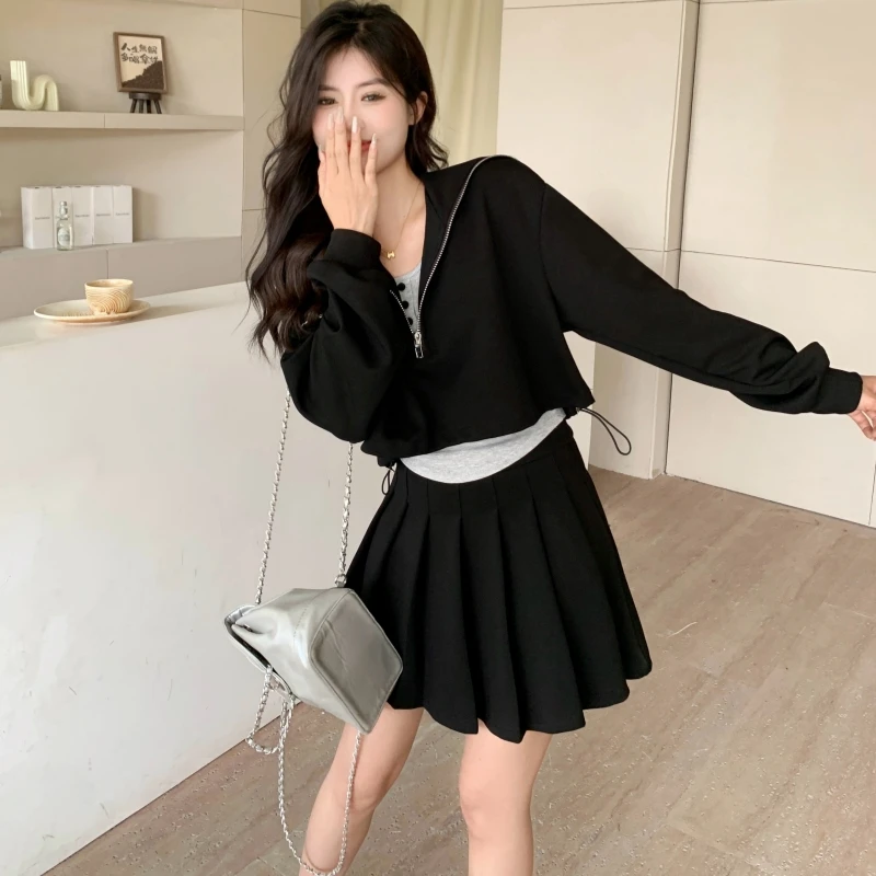 实拍秋冬大码女装甜辣套装双拉链短袖开衫吊带上衣+休闲百搭A字裙