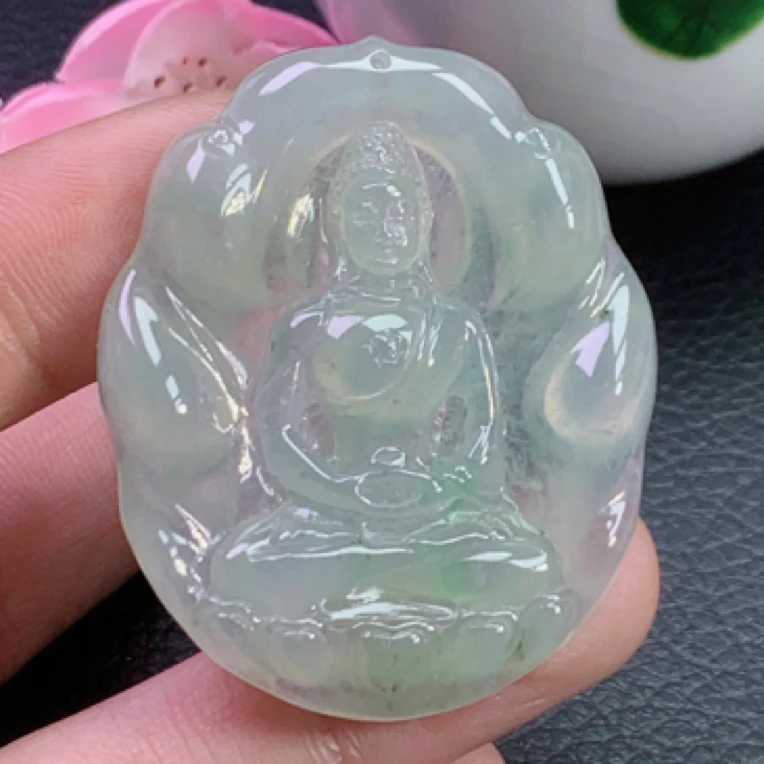 天然翡翠缅甸A货冰种冰透浅绿色精美大日如来挂件吊坠观音守护神