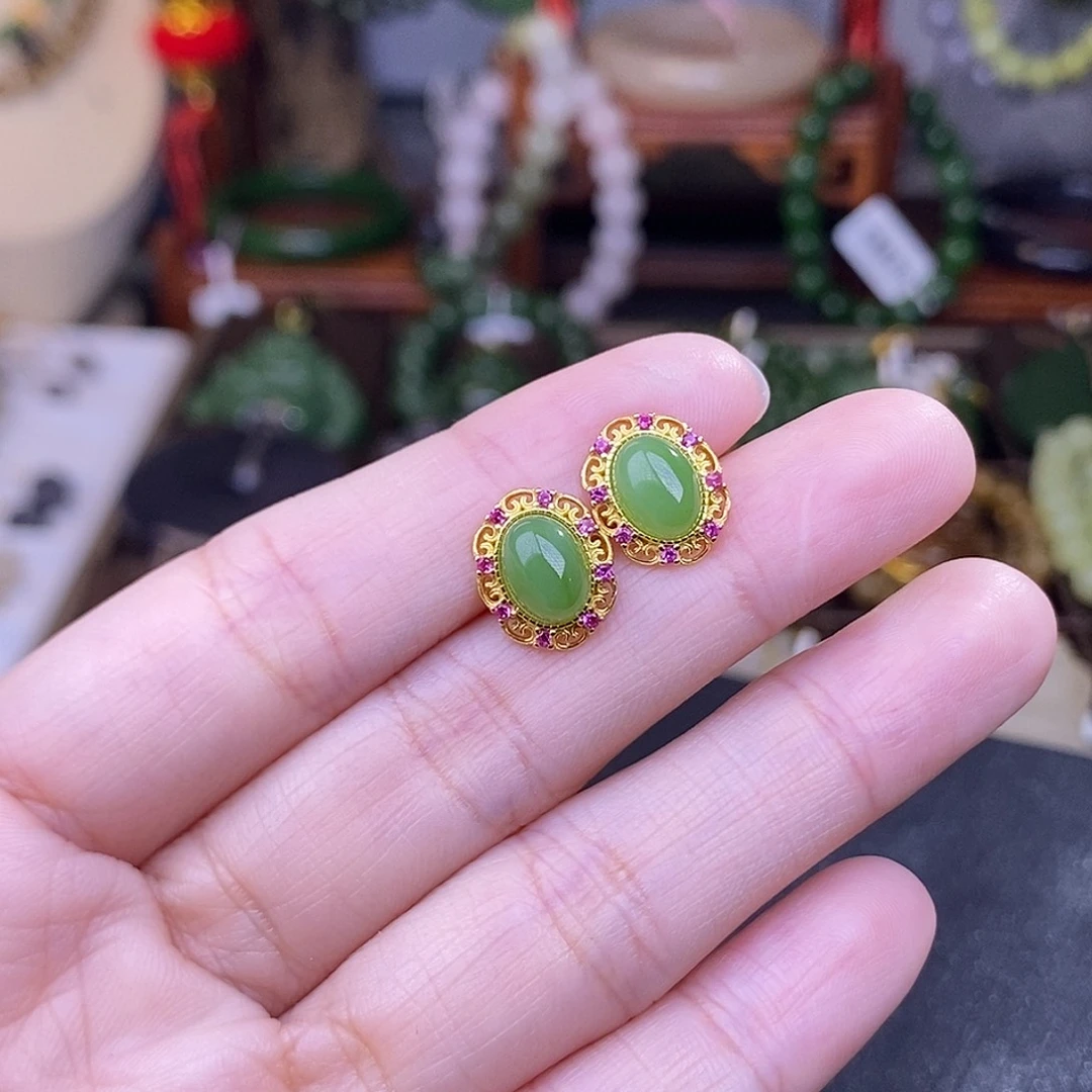 和田玉多样性发一 925.银碧玉耳钉未镶嵌