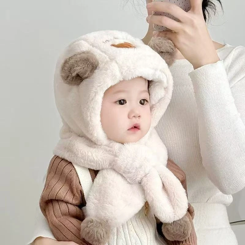 宝宝帽子围巾一体冬季男女儿童可爱婴儿保暖围脖护耳加厚两件套Q