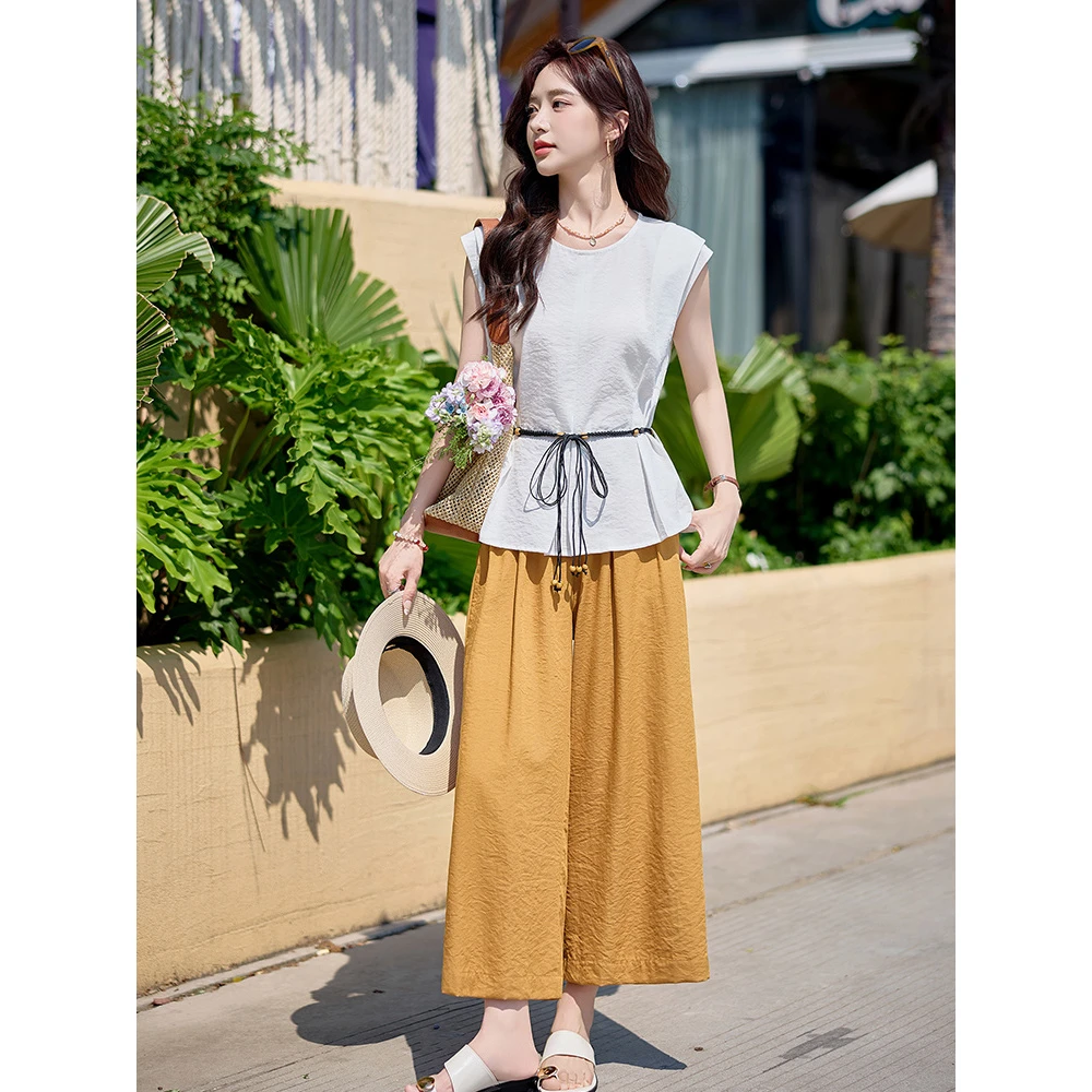 时尚棉麻松弛感九分阔腿裤套装女夏季2025新款系带无袖上衣两件套