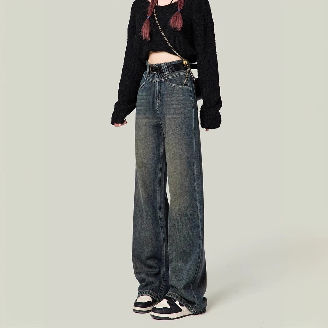 水泥灰高腰阔腿牛仔裤女2024秋冬新款宽松拖地长裤