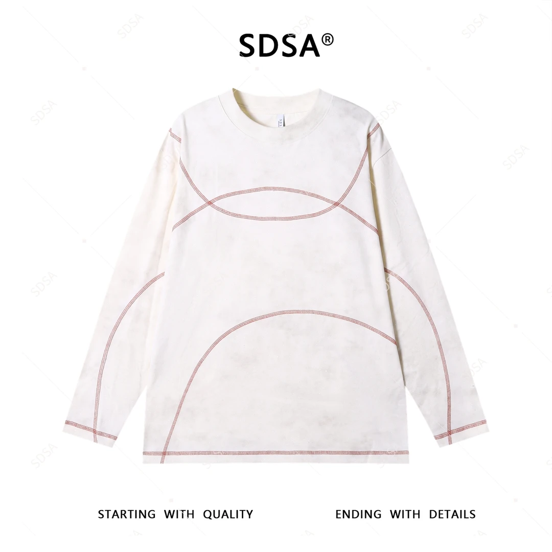 SDSA夏季新款男士痞帅潮牌撞色缝线圆领长袖T恤满天星百搭上衣潮