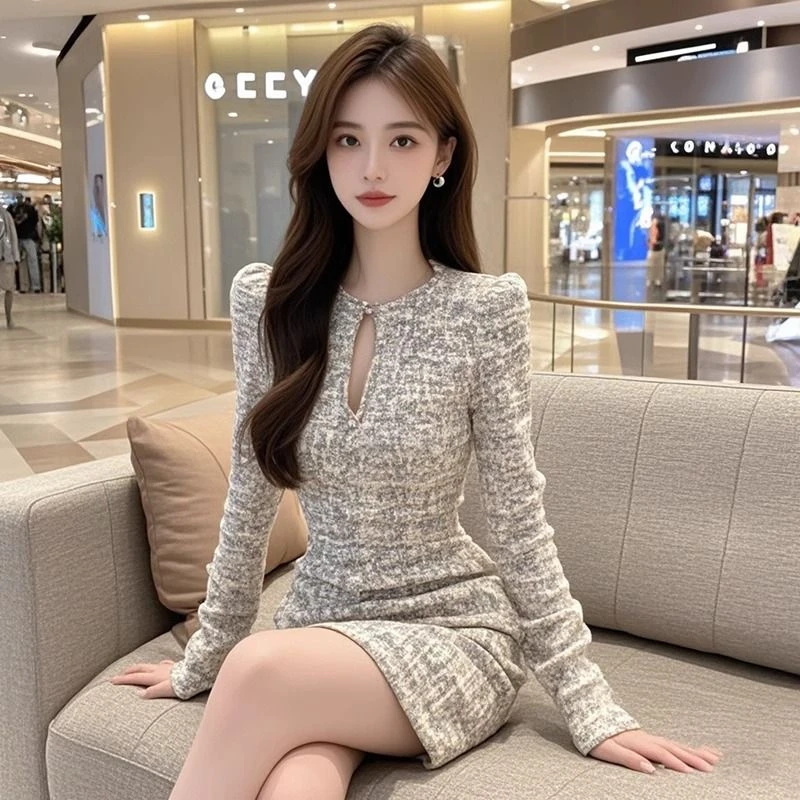 名媛优雅风修身长袖短裙女2025秋新款显瘦纯色圆领常规包臀裙