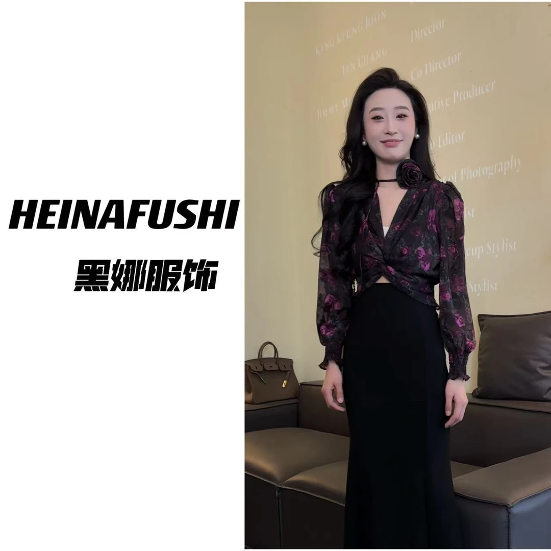 HEINA 【碎花衬衫】交叉扭结碎花上衣1916 Q