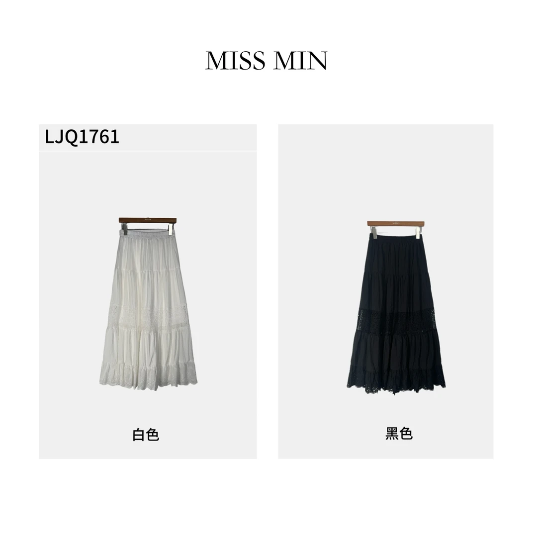 LJQ1761蕾丝拼接荷叶边裙夏季镂空钩花白色大摆飘逸长裙MISS MIN
